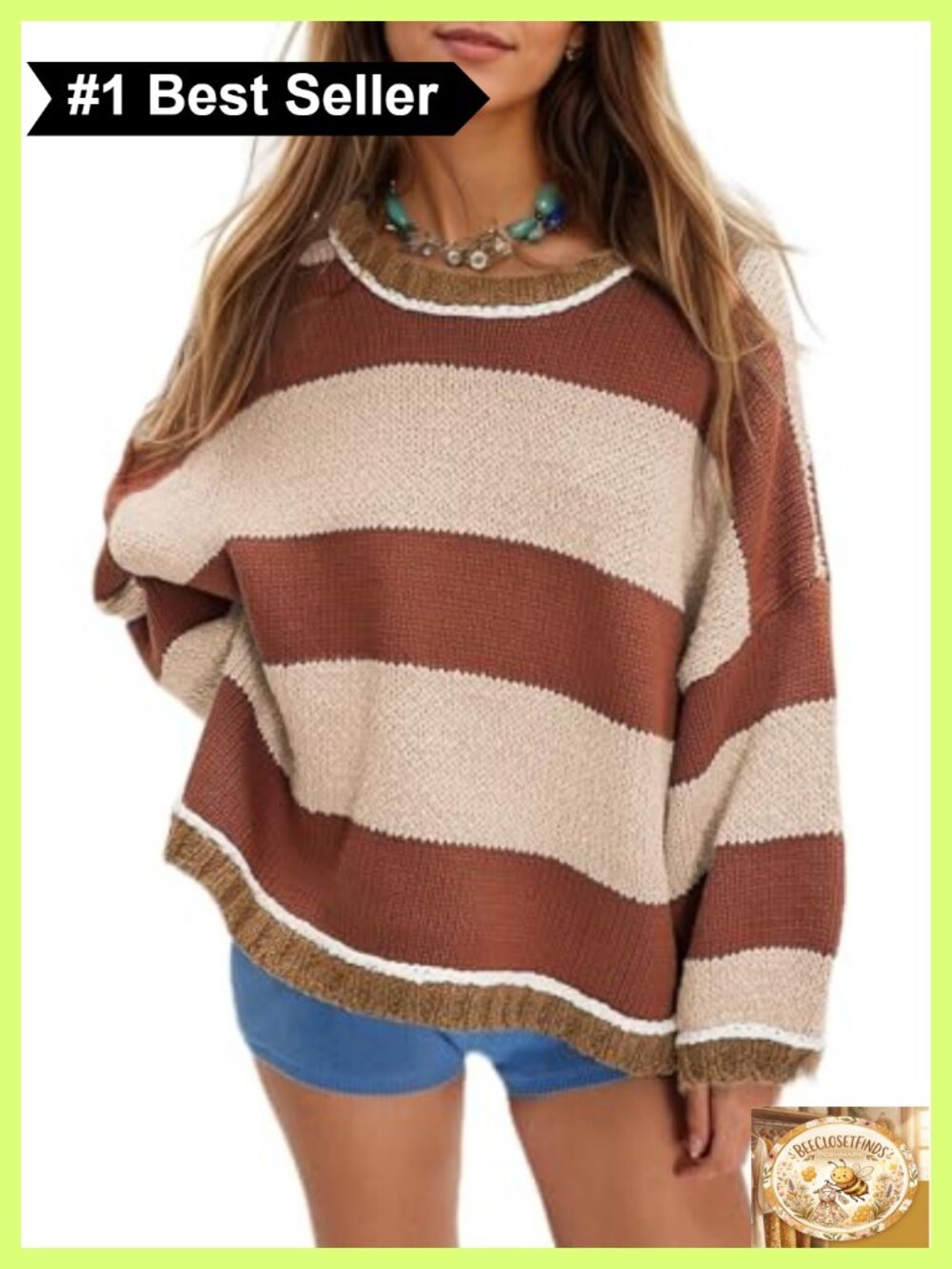 Oversized Striped Chunky Knit Sweater Crewneck Pullover